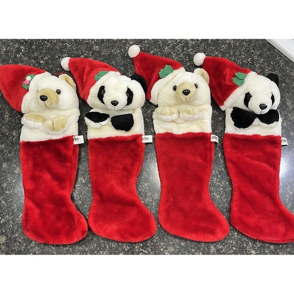 Vintage Christmas 3D Stockings 2Polar Bear 2Pandas Lot Of 4 - Picture 1 of 7